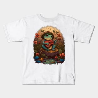 Cottagecore aesthetic cute frog playing ukelele on Mushroom Kids T-Shirt